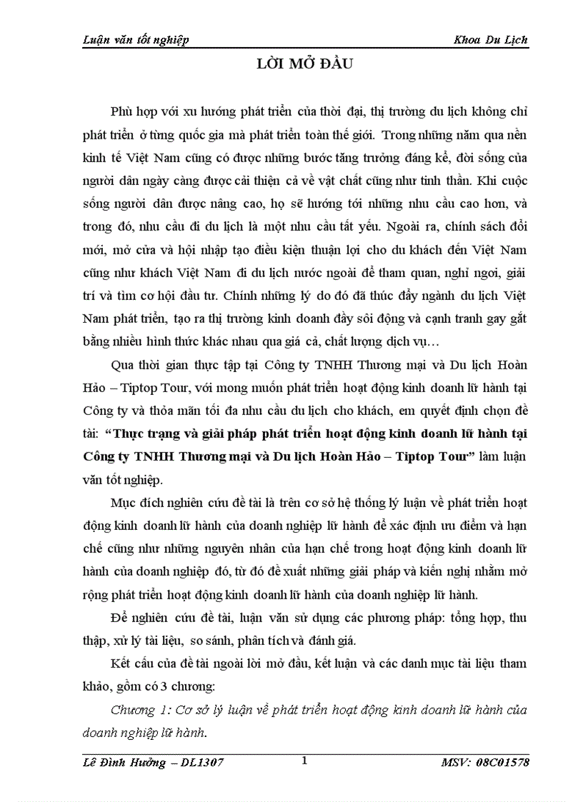 Thực trạng và giải pháp phát triển hoạt động kinh doanh lữ hành tại Công ty TNHH Thương mại và Du lịch Hoàn Hảo – Tiptop Tour