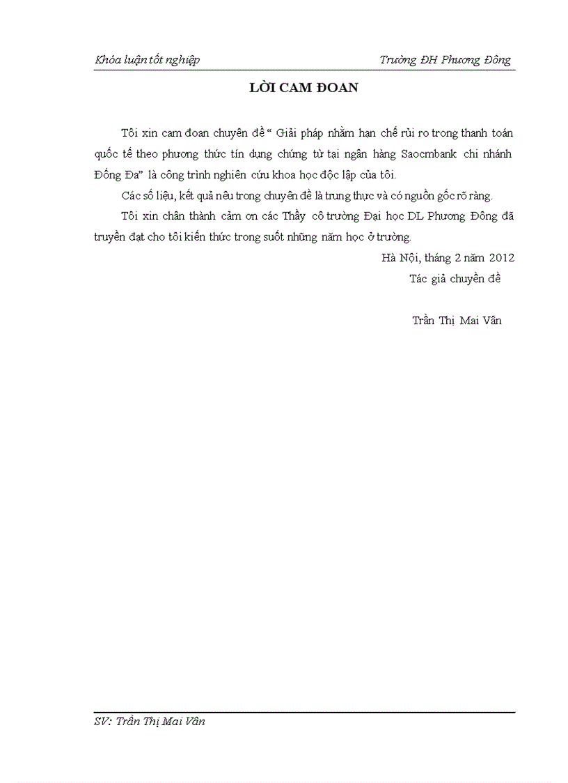 Giải pháp nhằm hạn chế rủi ro trong thanh toán quốc tế theo phương thức tín dụng chứng từ tại ngân hàng Saocmbank chi nhánh Đống Đa