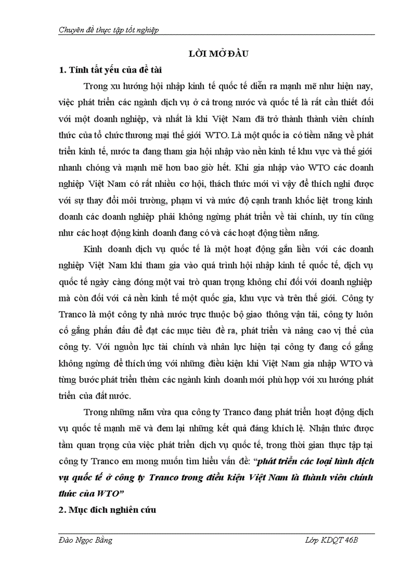 Phát triển các loại hình dịch vụ quốc tế ở công ty Tranco trong điều kiện Việt Nam là thành viên chính thức của WTO