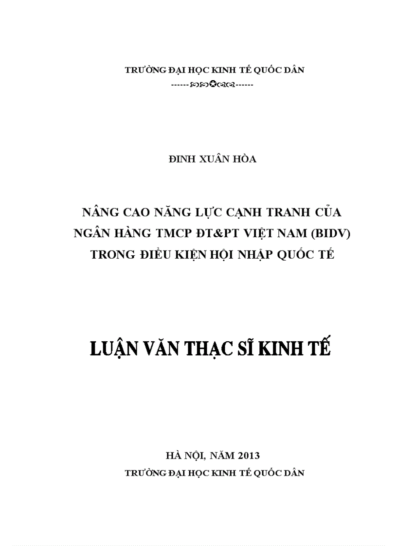 Nâng cao năng lực cạnh tranh của ngân hàng TMCP ĐT&PT Việt Nam (BIDV) trong điều kiện hội nhập quốc tế