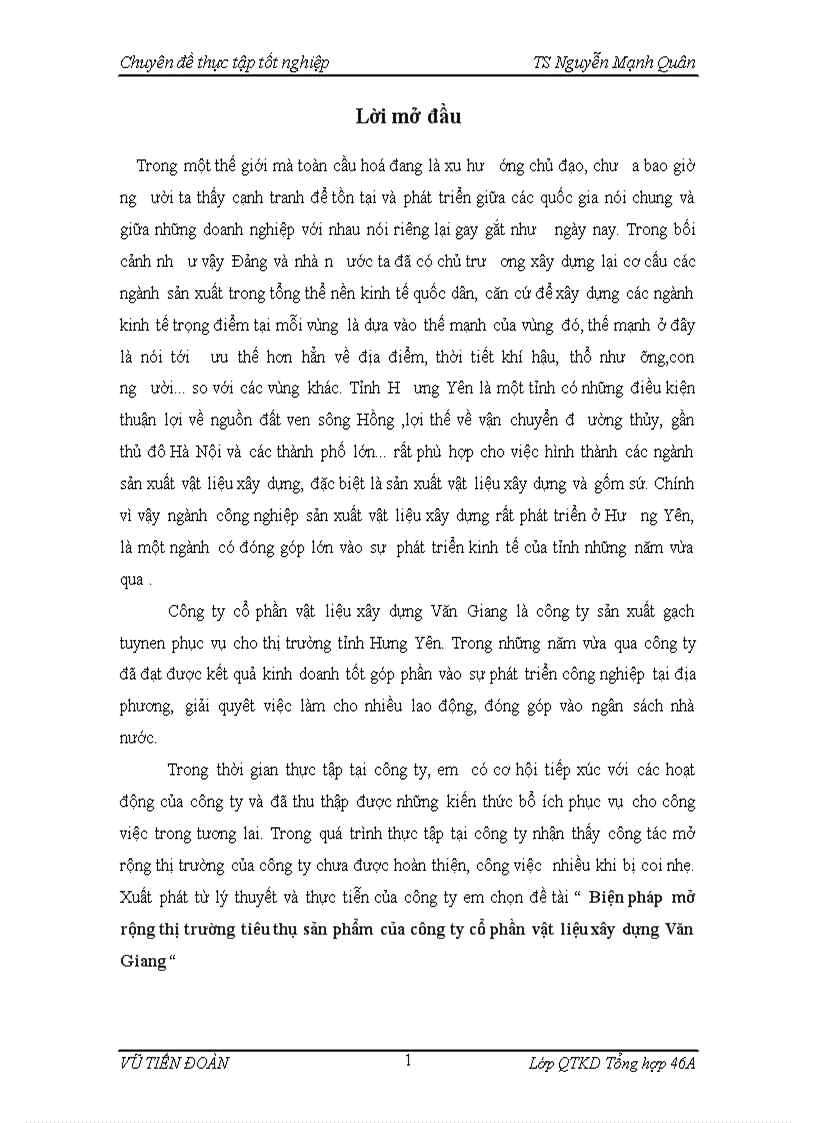 Biện pháp mở rộng thị trường tiêu thụ sản phẩm của công ty cổ phần vật liệu xây dựng Văn Giang