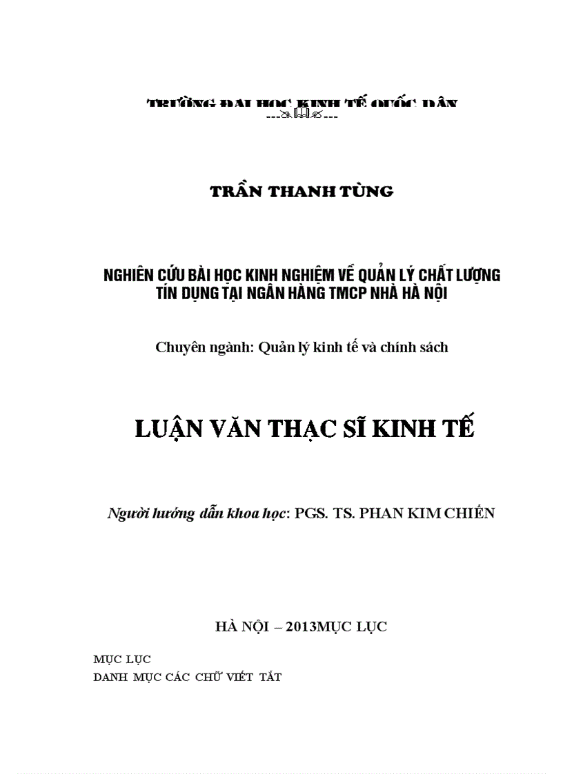 Nghiên cứu bài học kinh nghiệm về quản lý chất lượng tín dụng từ Ngân hàng TMCP Nhà Hà Nội