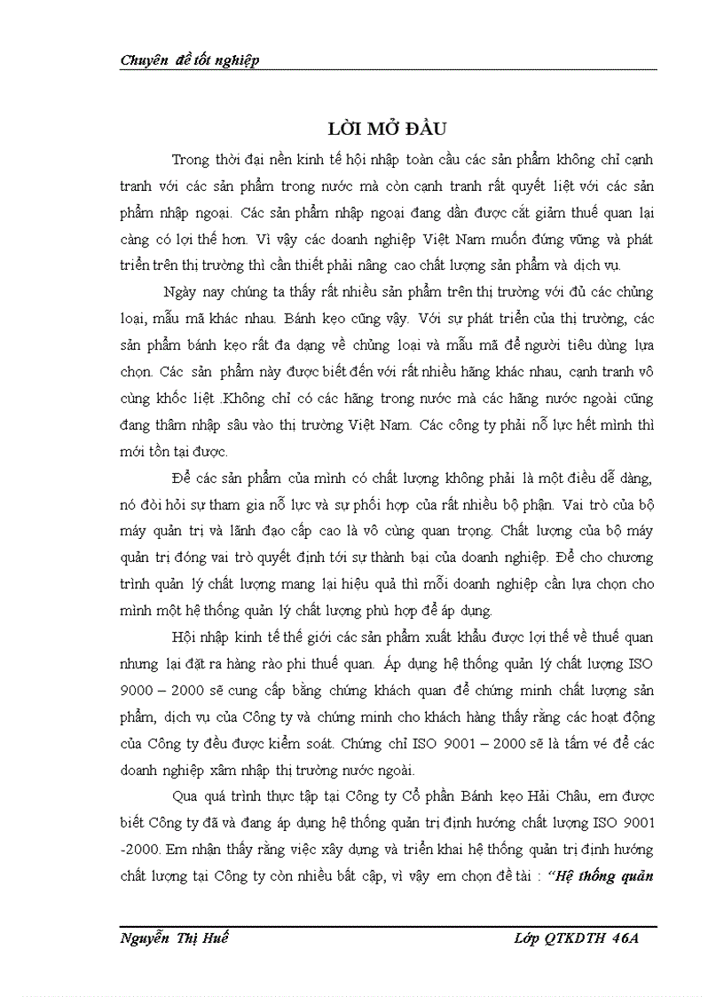 Hệ thống quản  trị chất lượng theo bộ tiêu chuẩn ISO 9001 -2000 tại Công ty Cổ phần Bánh kẹo Hải Châu - Thực trạng và giải pháp hoàn thiện