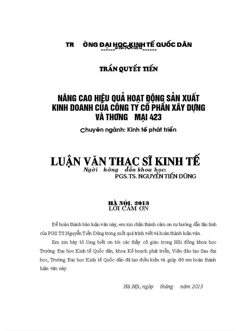 Nâng cao hiệu quả hoạt động sản xuất kinh doanh của công ty Cổ phần xây dựng và thương mại 423