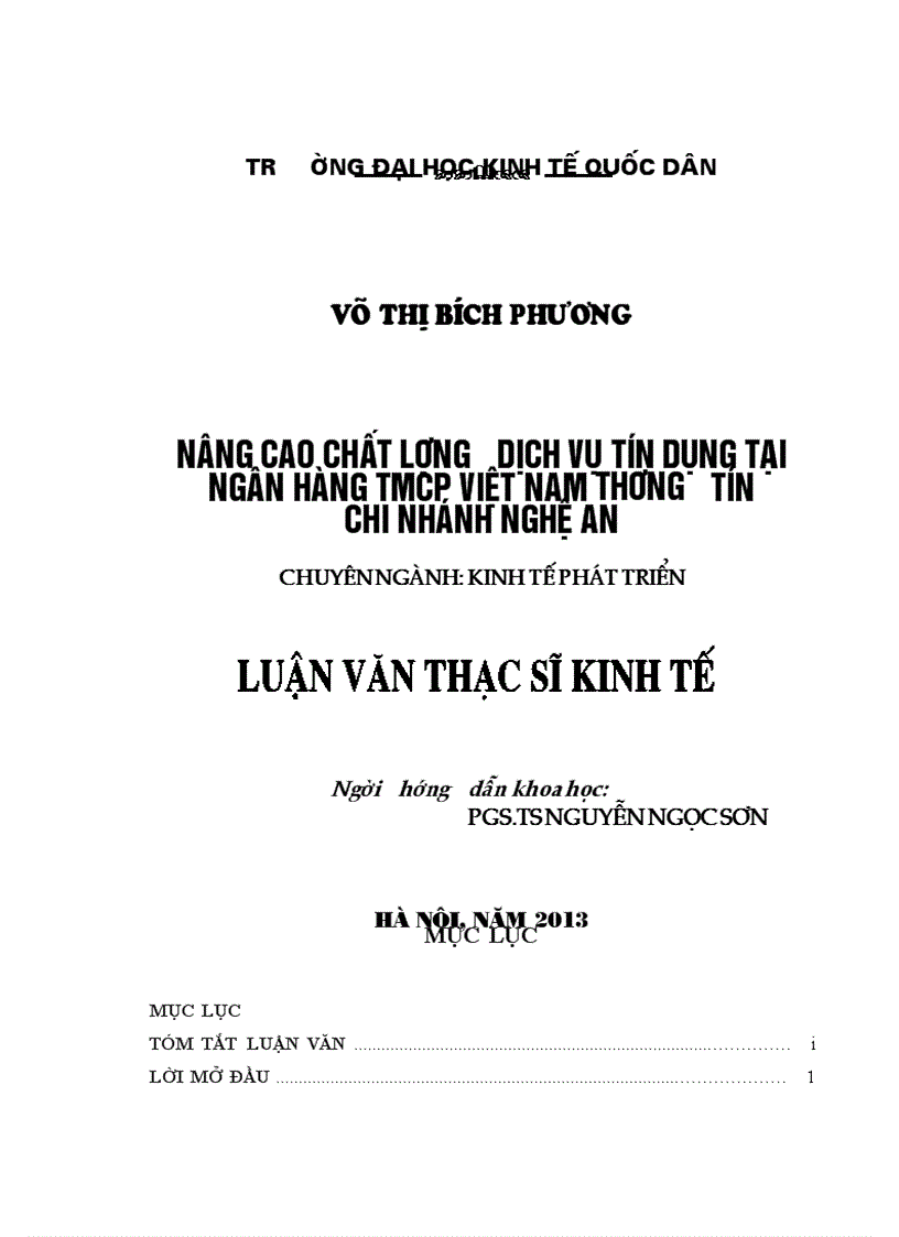 Nâng cao chất lượng dịch vụ tín dụng của ngân hàng TMCP Việt Nam Thương Tín- Chi Nhánh Nghệ An