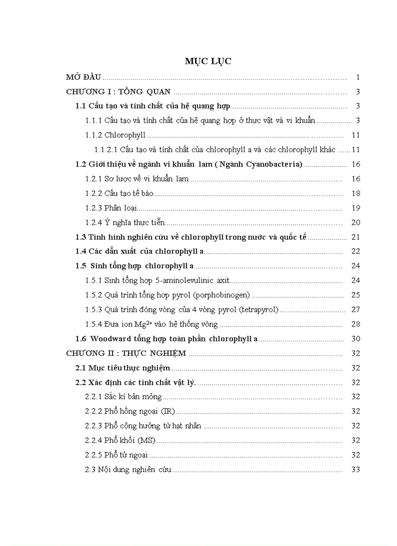Tách chiết và chuyển hoá chlorophyll a từ vi khuẩn cyanobacteria
