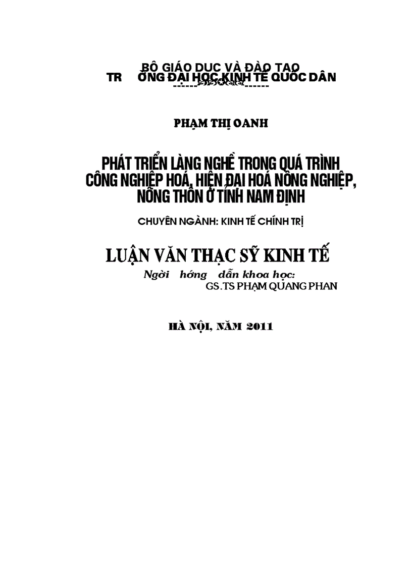 Phát triển làng nghề trong quá trình công nghiệp hoá, hiện đại hoá nông nghiệp, nông thôn ở tỉnh Nam Định