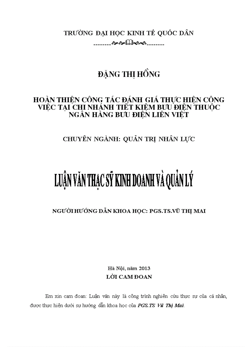 Hoàn thiện công tác đánh giá thực hiện công việc tại Ngân hàng Bưu điện Liên Việt - Chi nhánh Tiết kiệm Bưu điện