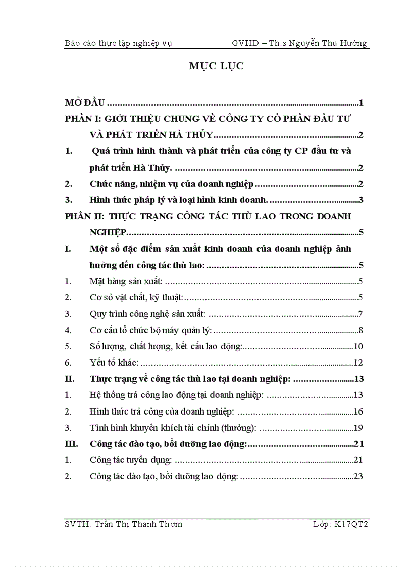 Vấn đề thù lao lao động cho công nhân viên ở công ty cổ phần đầu tư và phát triển Hà Thủy