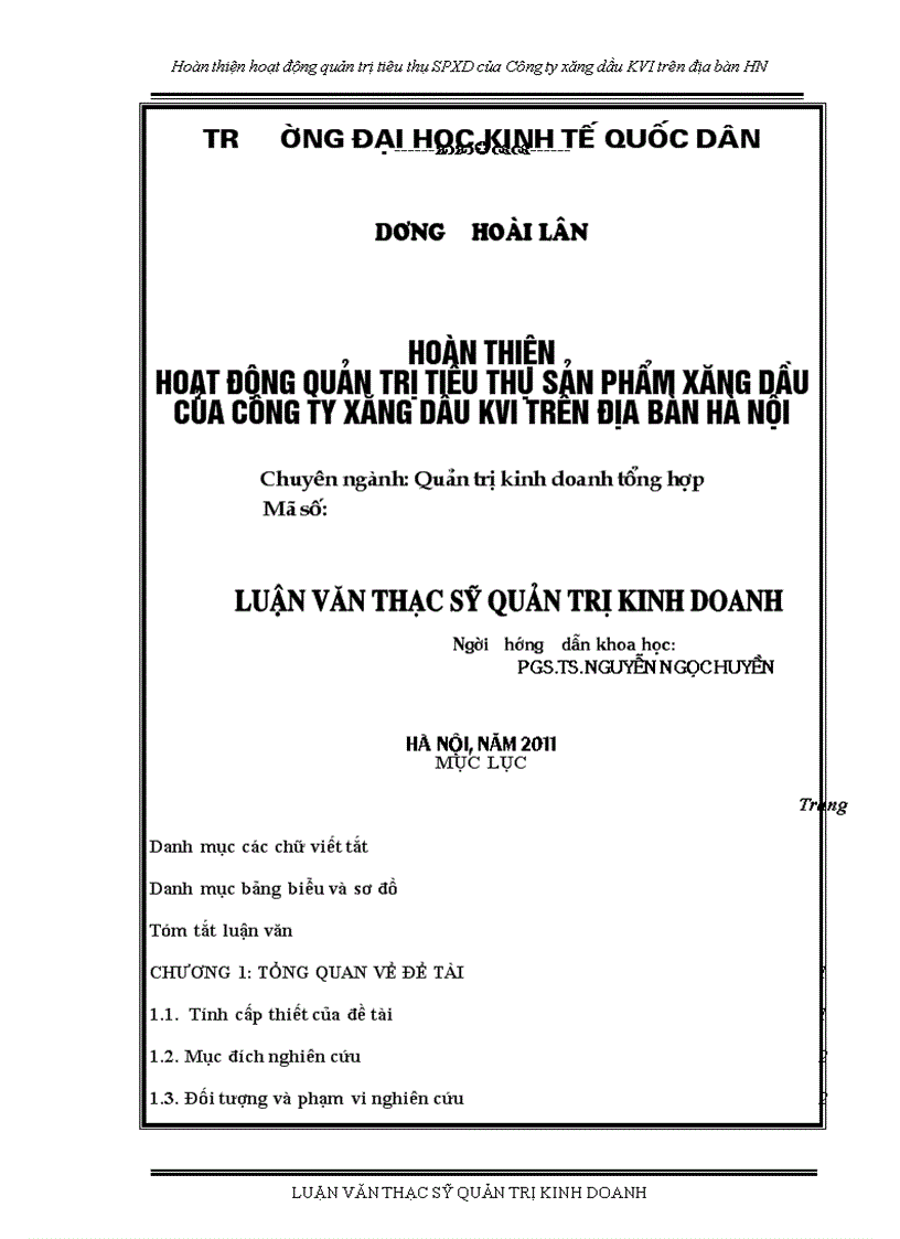 Hoàn thiện hoạt động quản trị tiêu thụ sản phẩm xăng dầu của Công ty xăng dầu KVI trên địa bàn Hà Nội