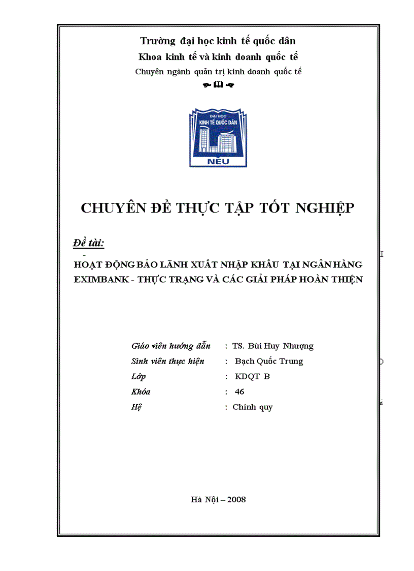 HOẠT ĐỘNG BẢO LÃNH XUẤT NHẬP KHẨU TẠI NGÂN HÀNG EXIMBANK - THỰC TRẠNG VÀ CÁC GIẢI PHÁP HOÀN THIỆN