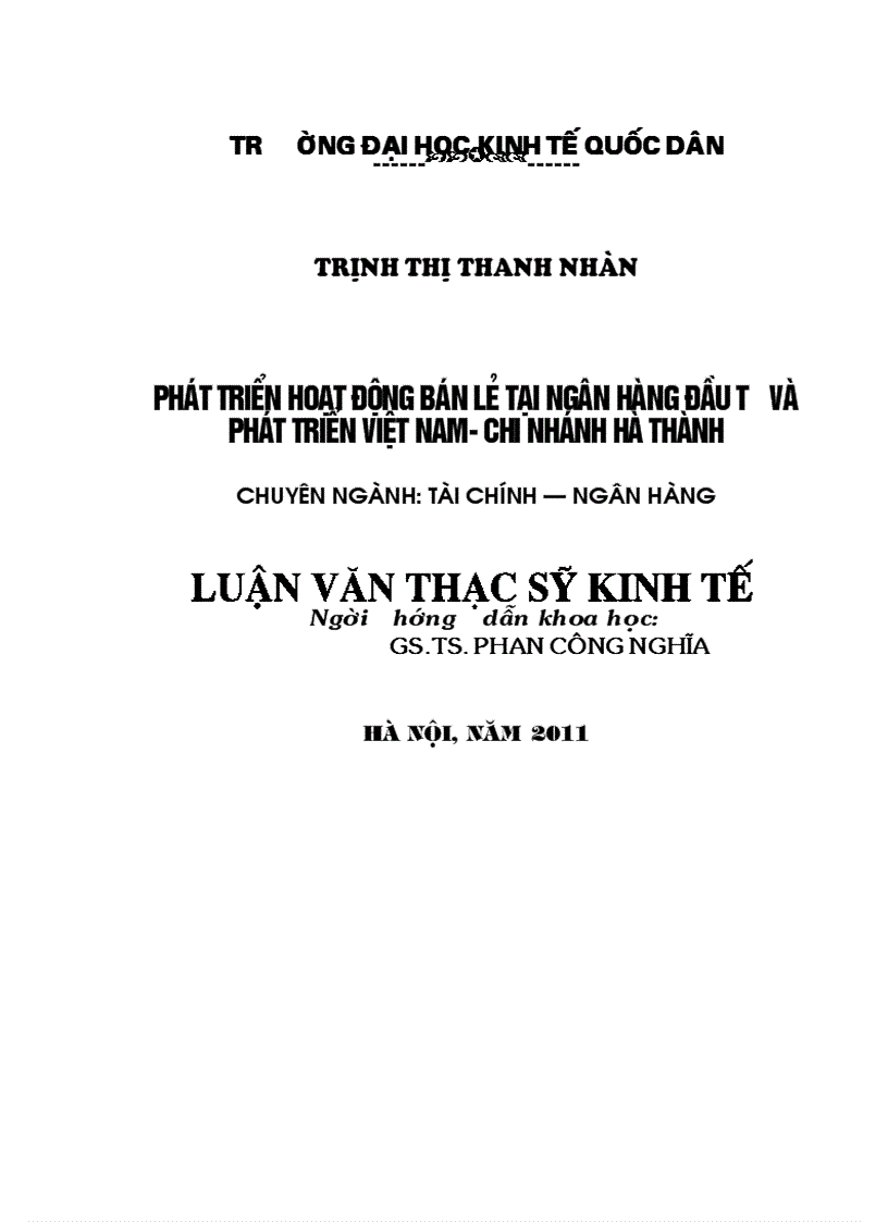 Phát triển hoạt động bán lẻ tại Ngân hàng Đầu tư và Phát triển Việt Nam- Chi nhánh Hà Thành