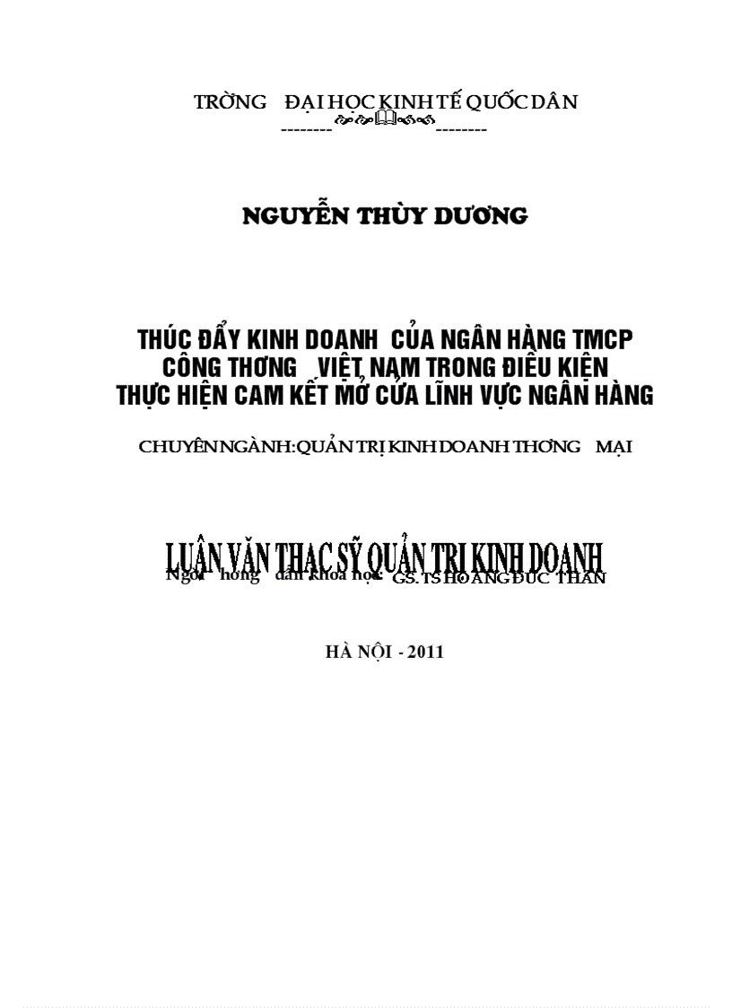 Thúc đẩy kinh doanh  của Ngân hàng TMCP Công thương Việt Nam trong điều kiện thực hiện cam kết mở cửa lĩnh vực Ngân hàng