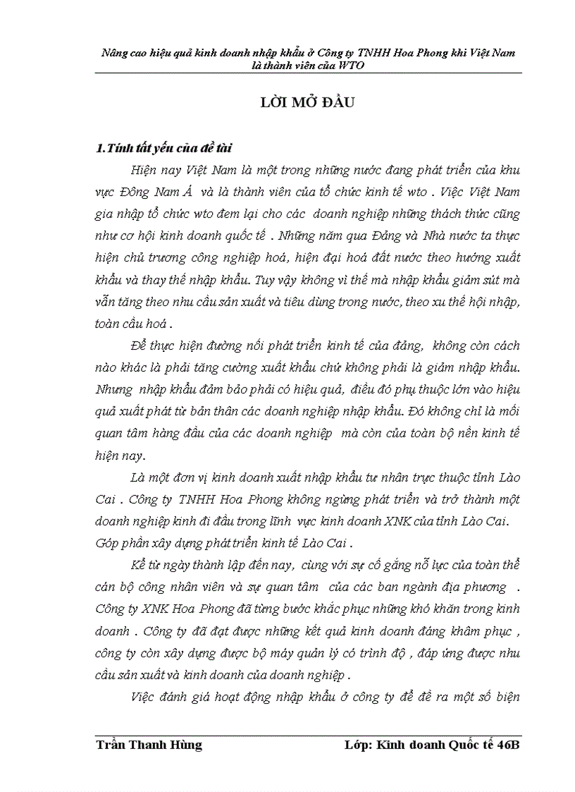 Nâng cao hiệu quả kinh doanh nhập khẩu ở Công ty TNHH Hoa Phong khi Việt Nam là thành viên của WTO