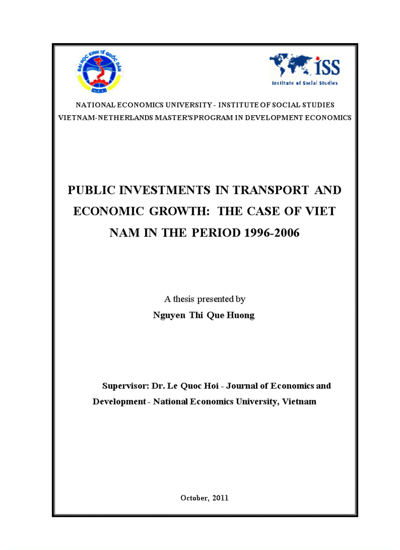 TA: Public investments in transport and economic growth: the case of viet nam in the period 1996-2006