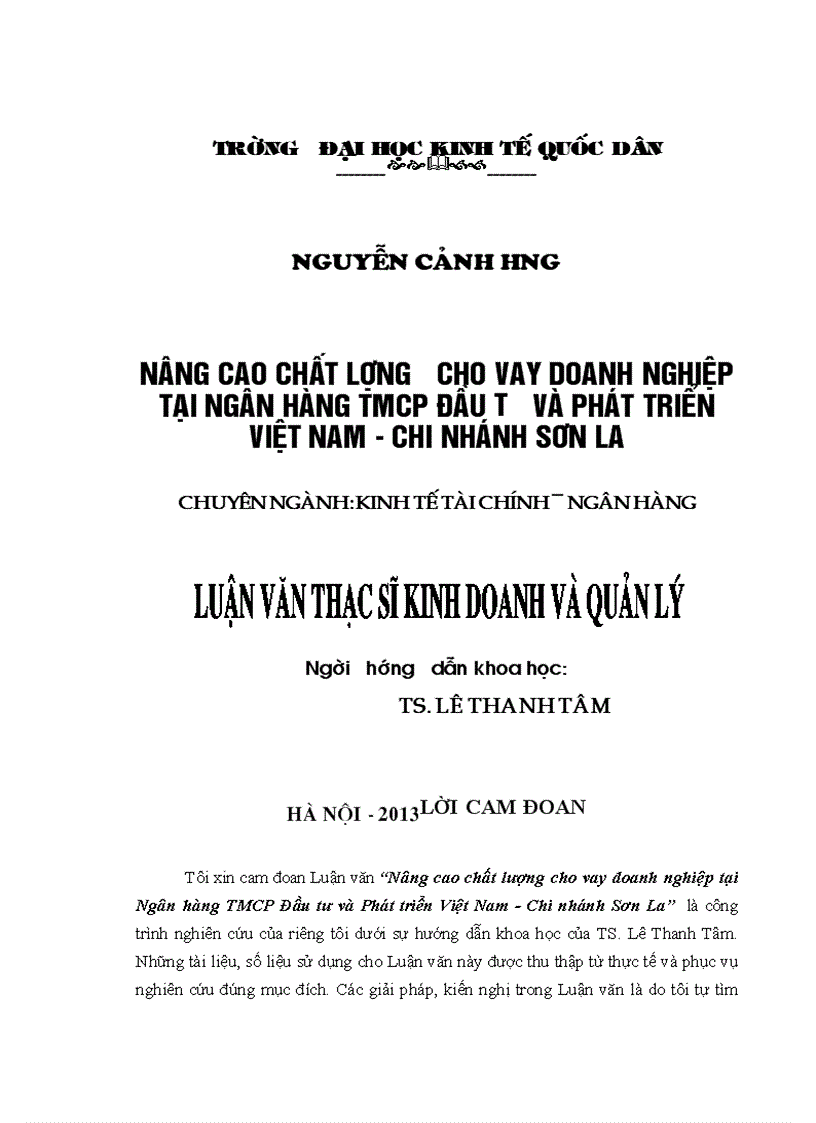 Nâng cao chất lượng cho vay doanh nghiệp tại Ngân hàng TMCP Đầu tư và Phát triển Việt Nam - Chi nhánh Sơn La