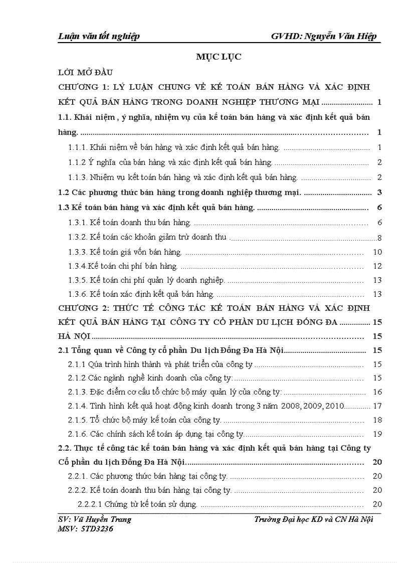 Thực tế công tác kế toán bán hàng và xác định kết quả bán hàng tại công ty cổ phần du lịch Đống Đa Hà Nội