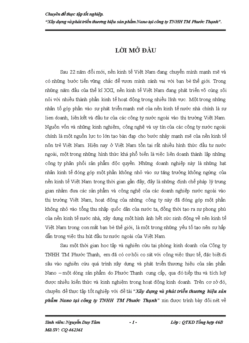 Xây dựng và phát triển thương hiệu sản phẩm Nano tại công ty TNHH TM Phước Thạnh.