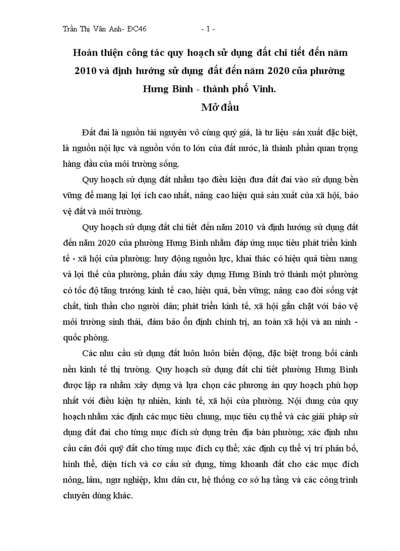 Hoàn thiện công tác quy hoạch sử dụng đất chi tiết đến năm 2010 và định hướng sử dụng đất đến năm 2020 của phường Hưng Bình - thành phố Vinh.