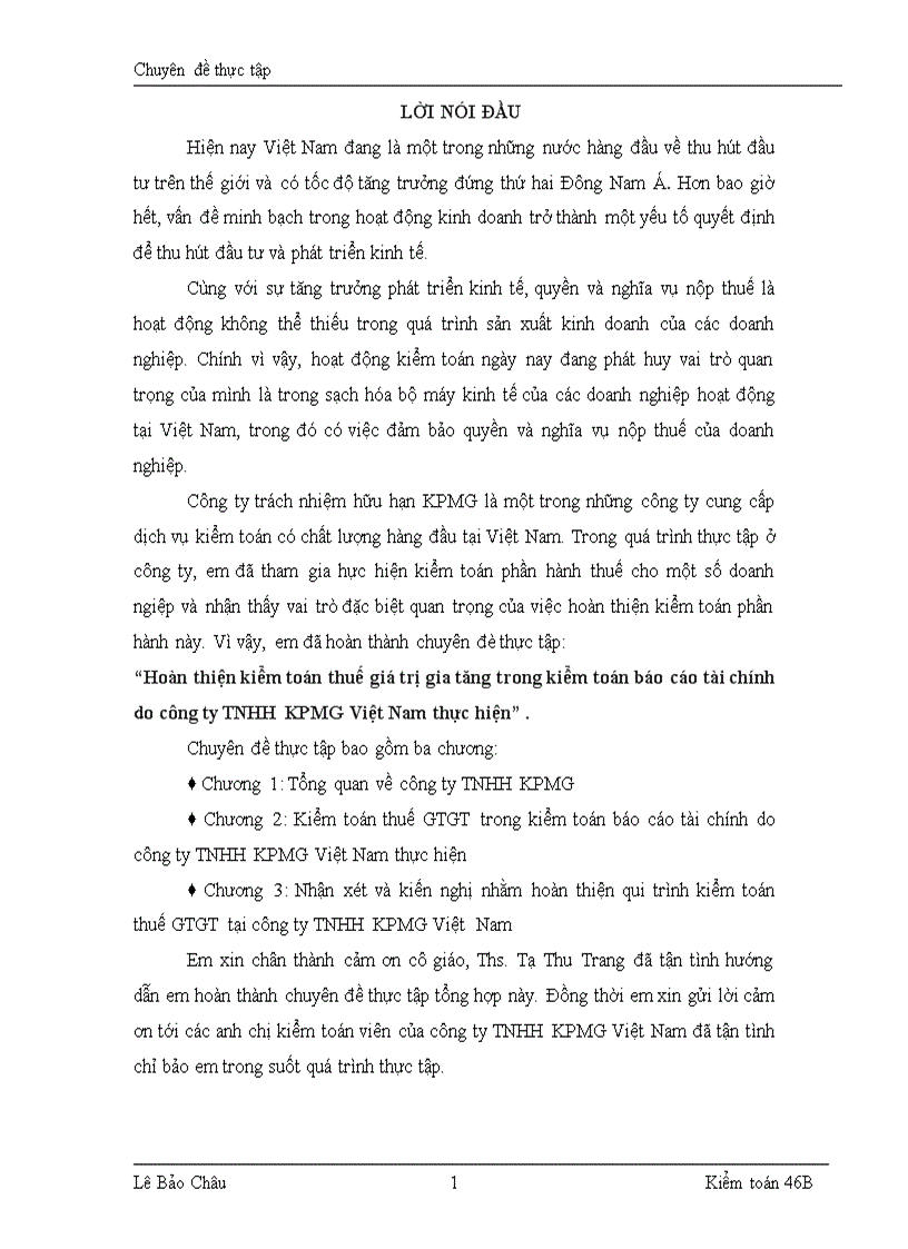 Hoàn thiện kiểm toán thuế giá trị gia tăng trong kiểm toán báo cáo tài chính do công ty TNHH KPMG Việt Nam thực hiện .
