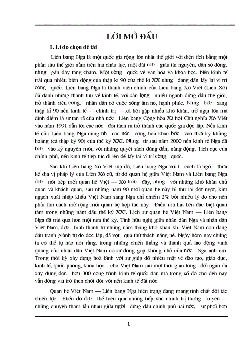 Kinh tế Liên bang Nga những năm đầu thế kỷ XXI. Quan hệ thương mại Việt – Nga làm khoá luận tốt nghiệp của mình.