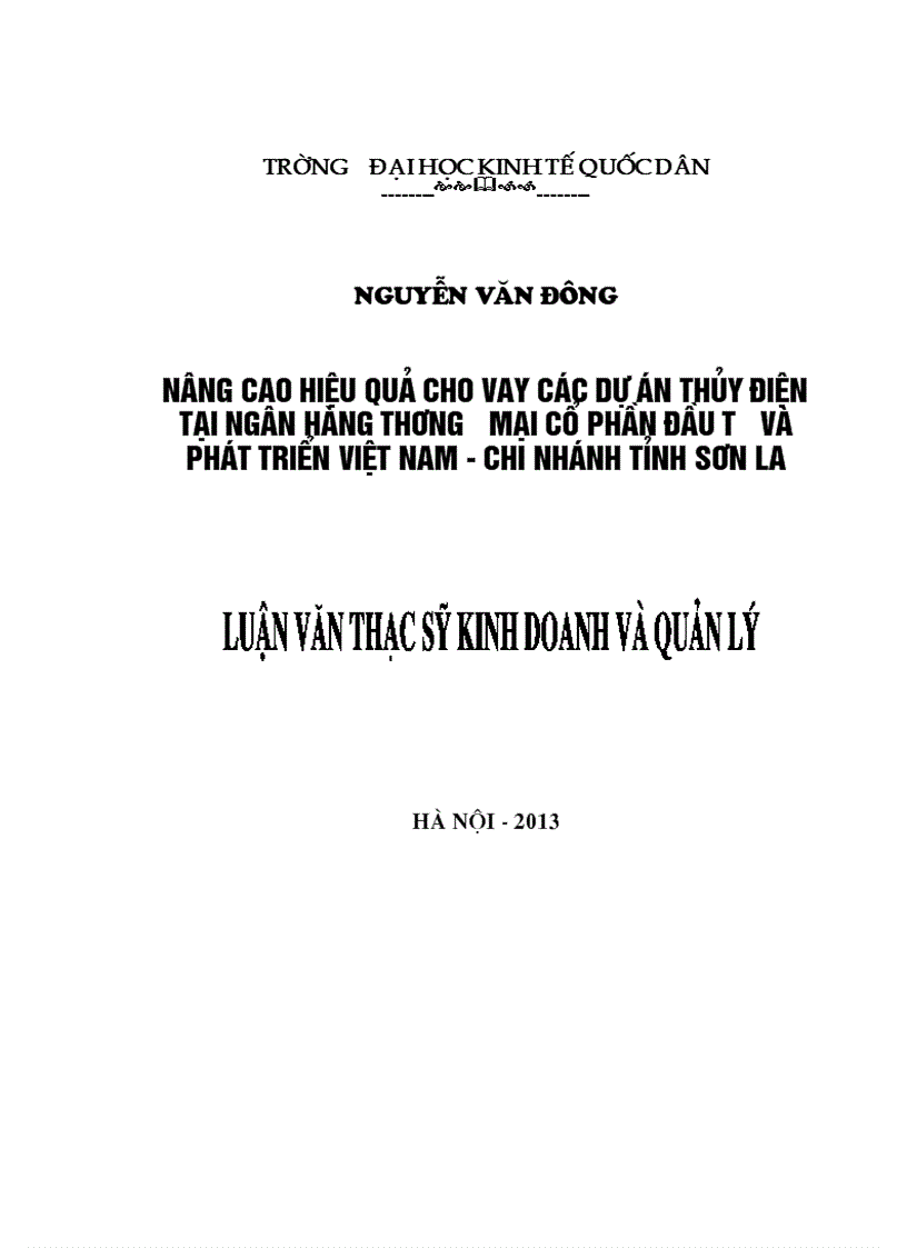 Nâng cao hiệu quả cho vay các dự án thủy điện tại Ngân hàng TMCP Đầu tư và Phát triển Việt Nam-Chi nhánh tỉnh Sơn La