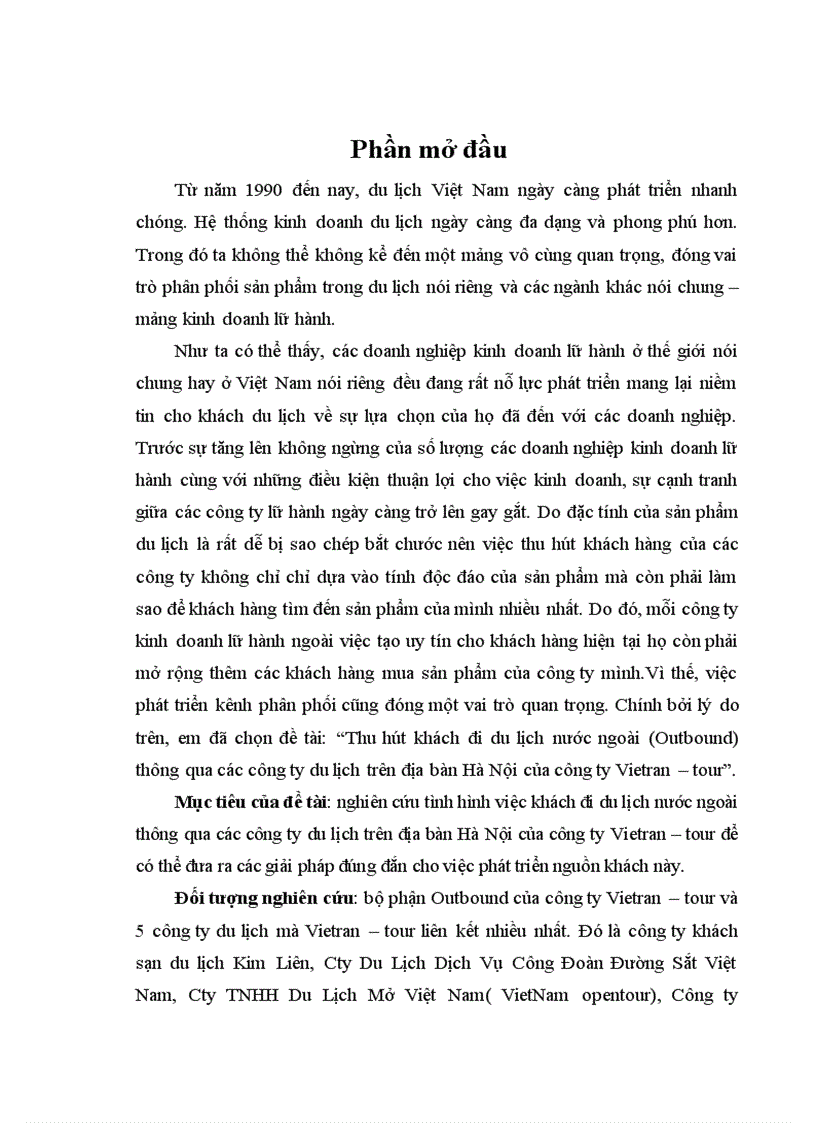 Thu hút khách đi du lịch nước ngoài (Outbound) thông qua các công ty du lịch trên địa bàn Hà Nội của công ty Vietran – tour