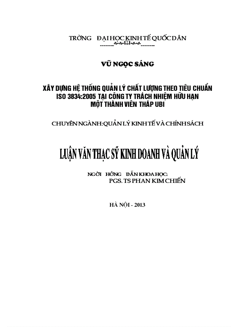 Xây dựng Hệ thống quản lý chất lượng theo tiêu chuẩn ISO 3834:2005 tại Công ty Trách nhiệm hữu hạn một thành viên tháp UBI