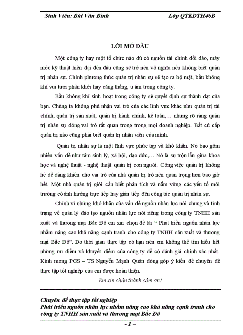 Phát triển nguồn nhân lực nhằm nâng cao khả năng cạnh tranh cho công ty TNHH sản xuất và thương mại Bắc Đô