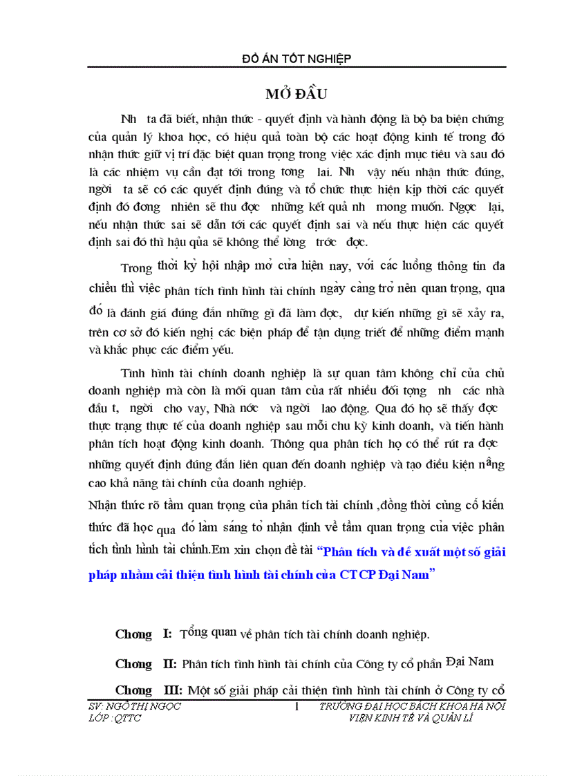 Phân tích và đề xuất một số giải pháp nhằm cải thiện tình hình tài chính của CTCP Đại Nam