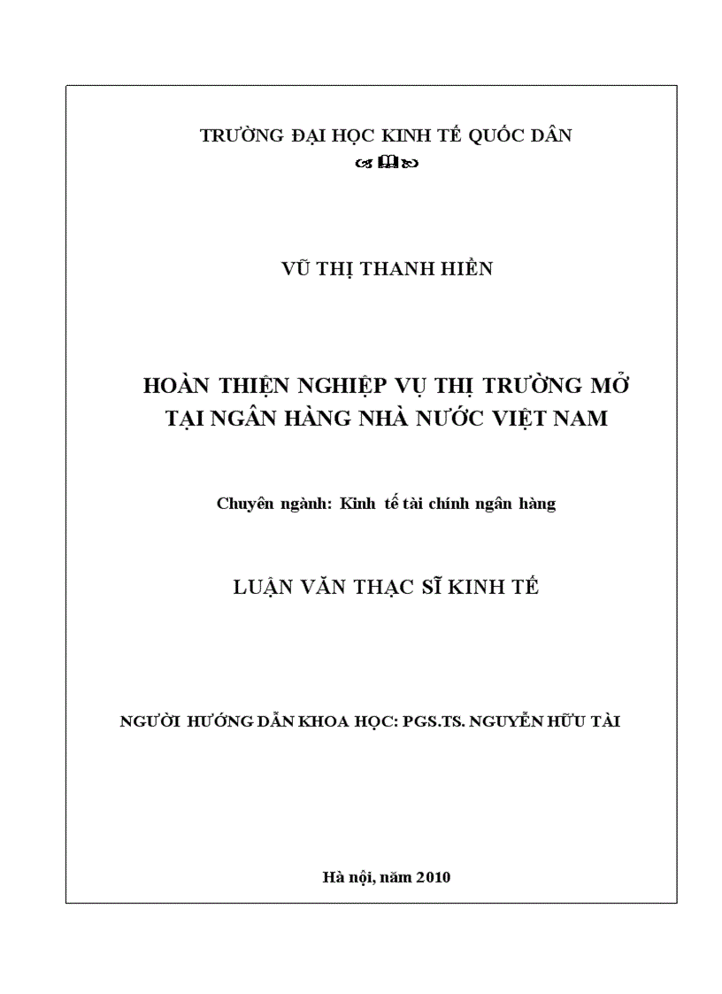 Hoàn thiện nghiệp vụ thị trường mở tại Ngân hàng Nhà nước Việt Nam