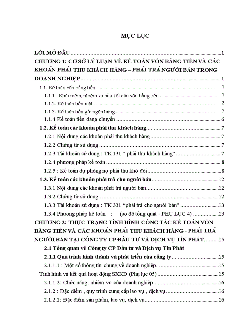 Kế toán vốn bằng tiền và các khoản phải thu khách hàng- phải trả người bán tại công ty CP Đầu tư và Dịch vụ Tín Phát