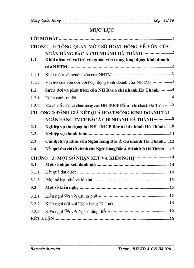 Tình hình  hoạt động kinh doanh tại Ngân hàng TMCP Bắc Á - chi nhánh Hà Thành