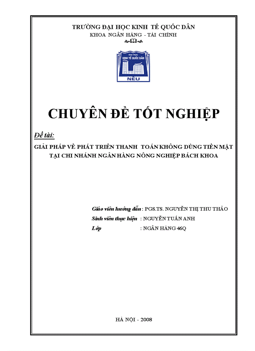 GIẢI PHÁP VỀ PHÁT TRIỂN THANH  TOÁN KHÔNG DÙNG TIỀN MẶT TẠI CHI NHÁNH NGÂN HÀNG NÔNG NGHIỆP BÁCH KHOA