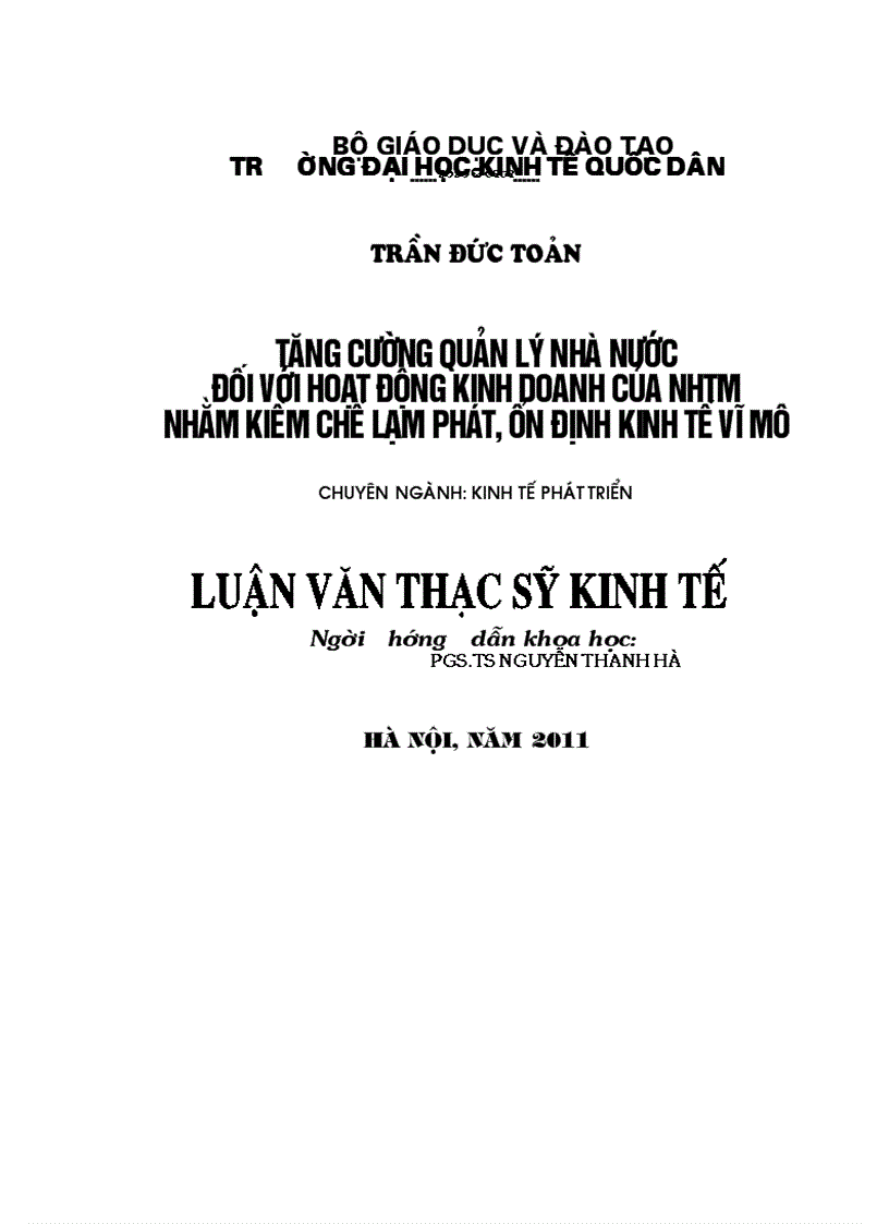 Tăng cường quản lý Nhà nước đối với hoạt động kinh doanh của NHTM nhằm kiềm chế lạm phát, ổn định kinh tế vĩ mô