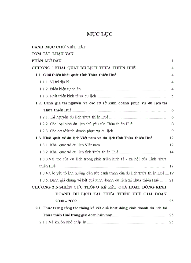 Nghiên cưú thống kê kết quả hoạt động kinh doanh du lịch tại Thừa thiên Huế giai đoạn 2000- 2009