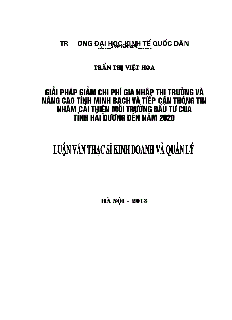 Giải pháp giảm Chi phí gia nhập thị trường và nâng cao Tính minh bạch trong tiếp cận thông tin nhằm cải thiện môi trường đầu tư của tỉnh Hải Dương đến 2020