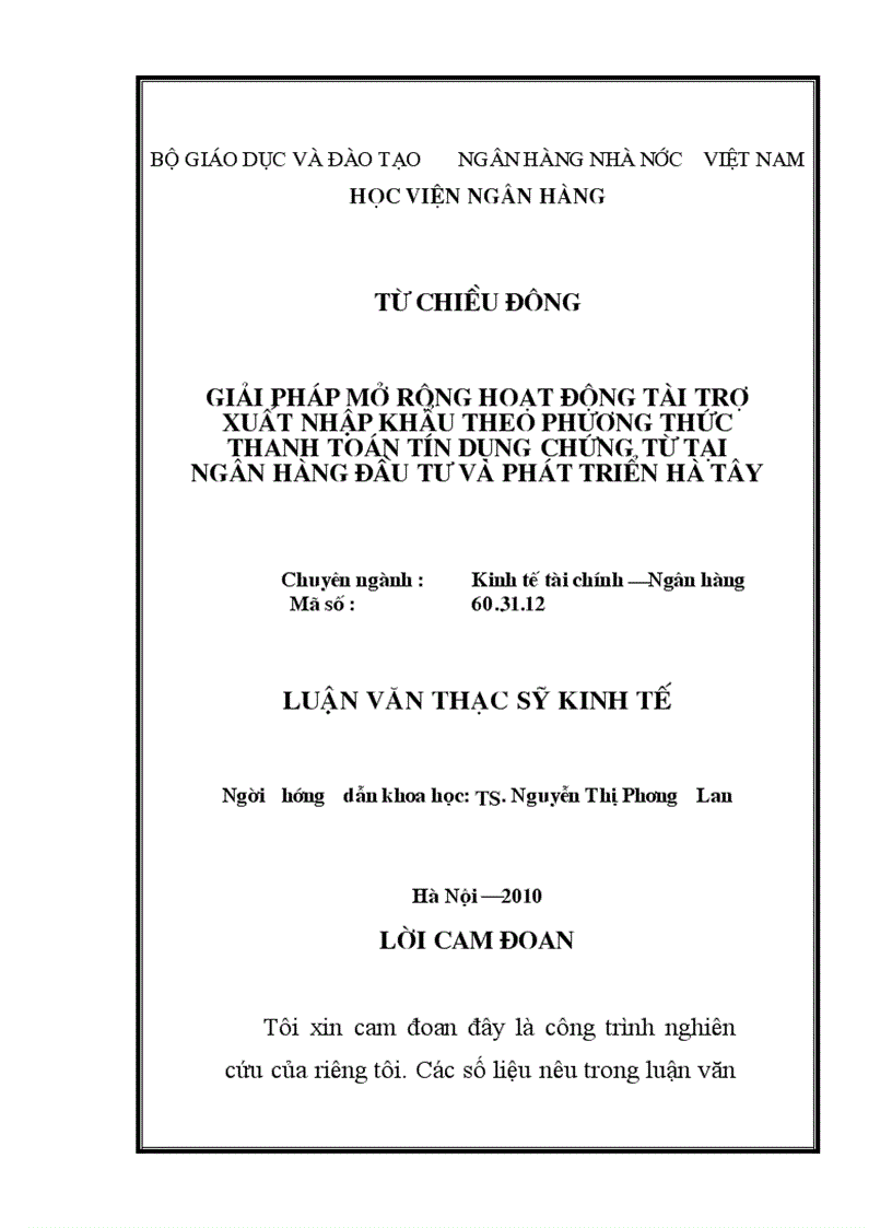 Giải pháp mở rộng hoạt động tài trợ xuất nhập khẩu theo phương thức thanh toán tín dụng chứng từ tại Ngân hàng Đầu tư và Phát triển Hà Tây