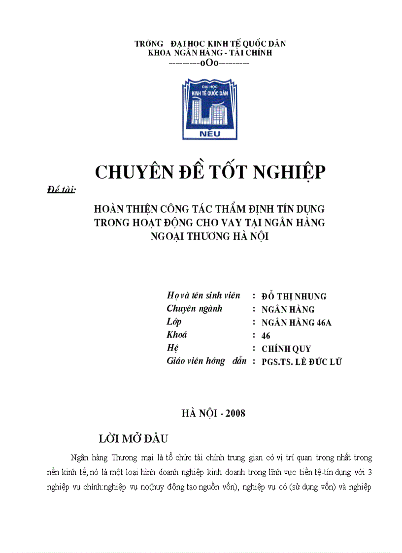 HOàN THIệN CÔNG TáC THẩM ĐịNH TíN DụNG TRONG HOạT ĐộNG CHO VAY TạI NGÂN HàNG NGOạI THƯƠNG Hà NộI