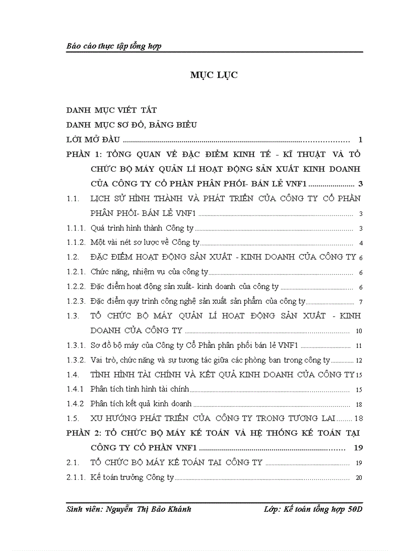 Tổng quan về đặc điểm kinh tế - kĩ thuật và tổ chức bộ máy quản lí hoạt động sản xuất kinh doanh của công ty cổ phần phân phối- bán lẻ vnf