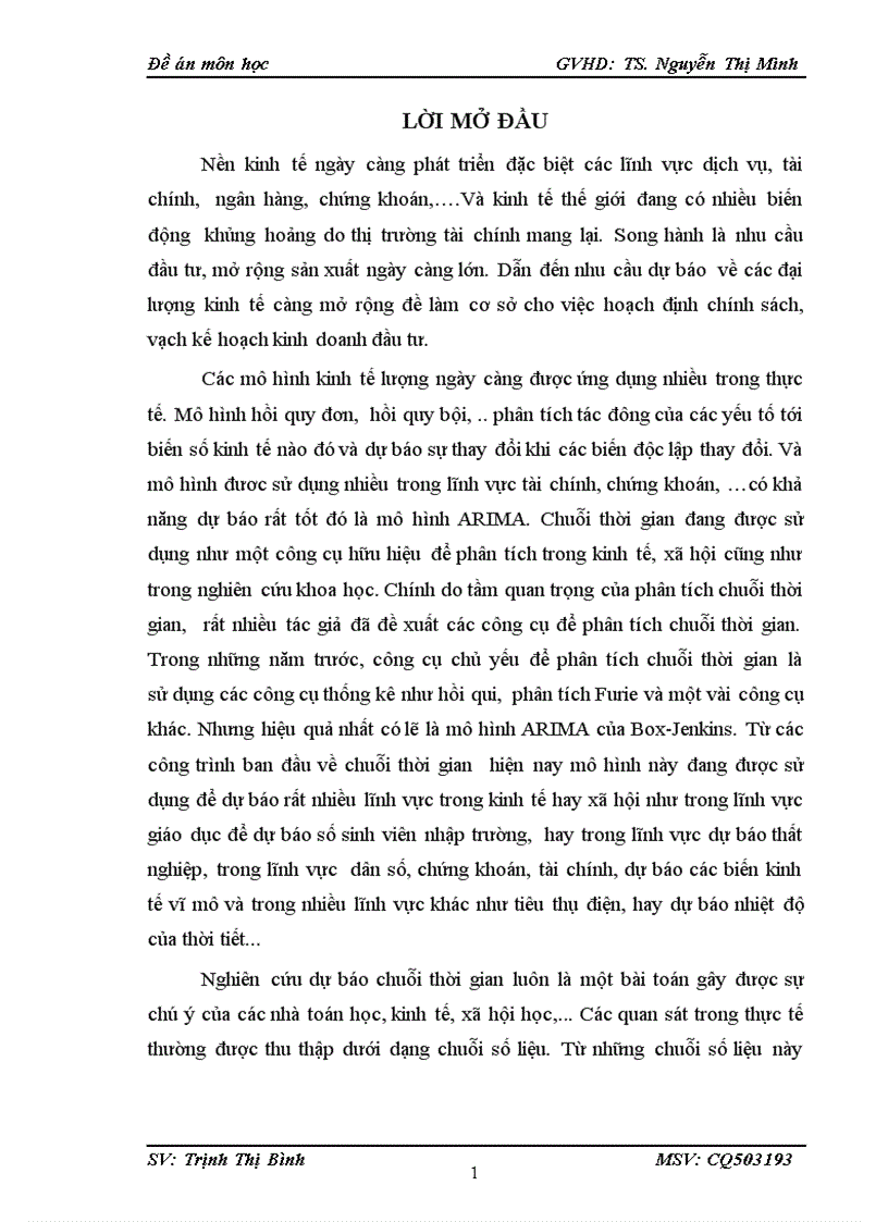 Mô hình ARIMA và phương pháp Box-Jenkins và ứng dụng dự báo chỉ số vn-index