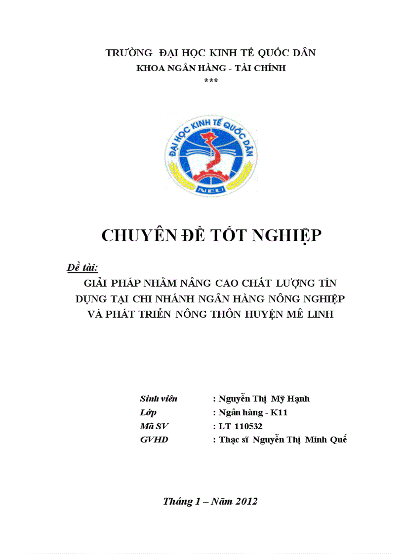 Giải pháp nâng cao chất lượng tín dụng tại chi nhánh ngân hàng  Nông nghiệp và phát triển nông thôn huyện Mê Linh.