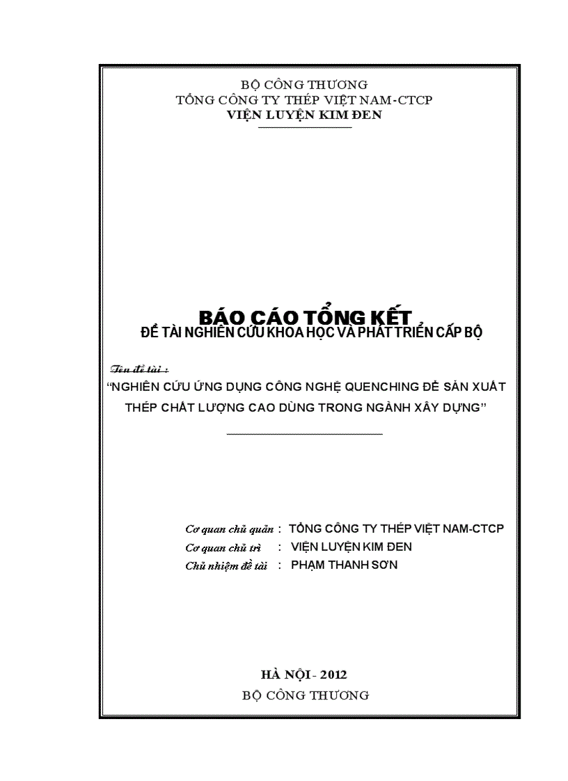 Nghiên cứu ứng dụng công nghệ Quenching để sản xuất thép chất lượng cao dùng trong ngành xây dựng