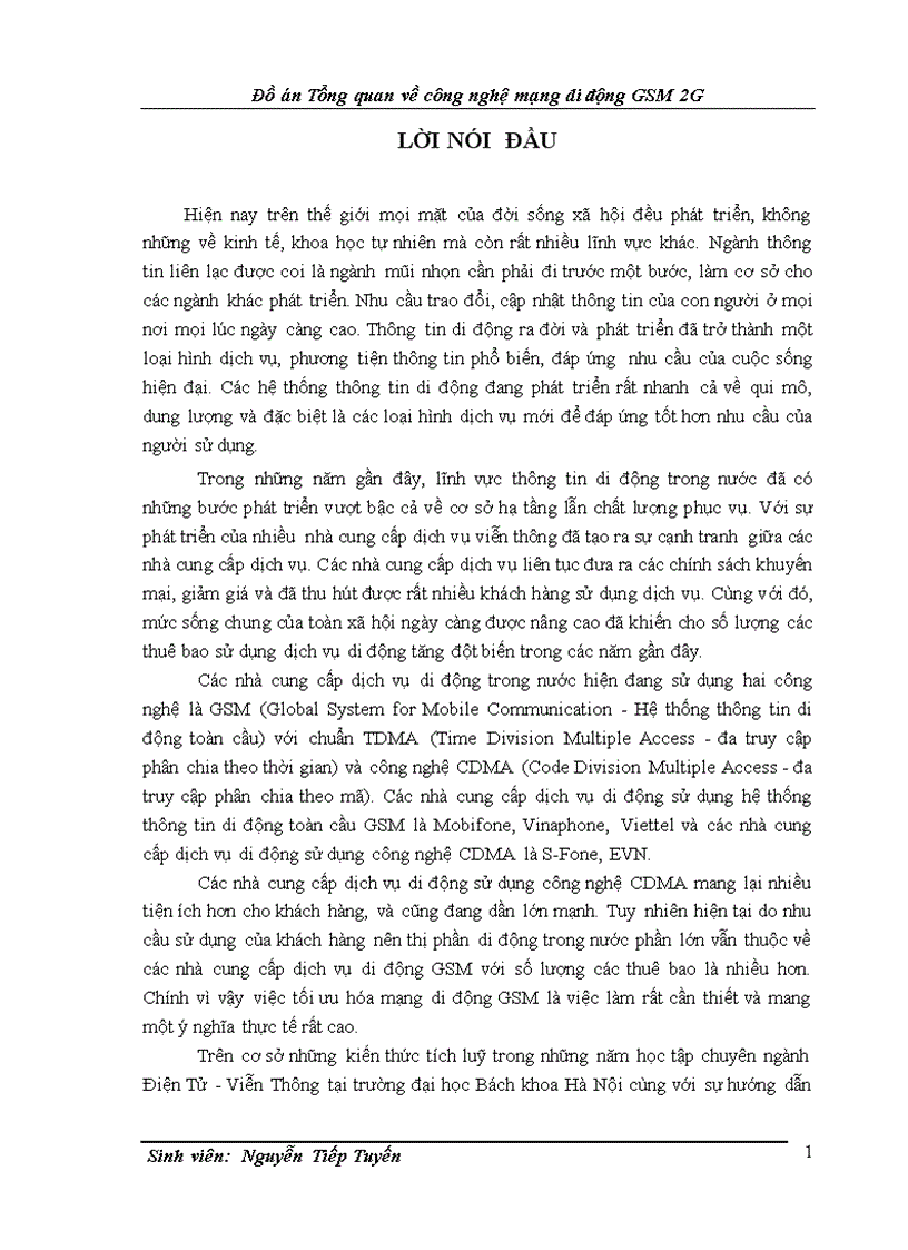 Đồ án Tổng quan về công nghệ mạng di động GSM 2G