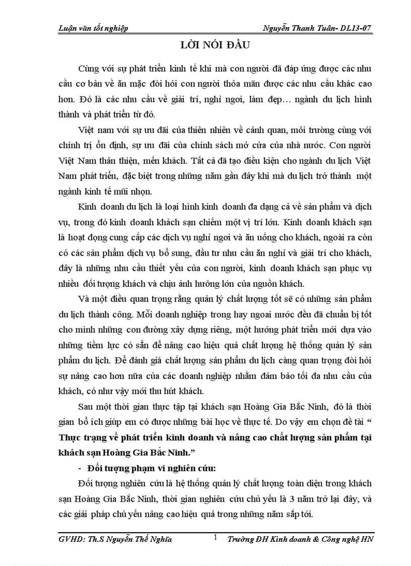 Thực trạng về phát triển kinh doanh và nâng cao chất lượng sản phẩm tại khách sạn Hoàng Gia Bắc Ninh