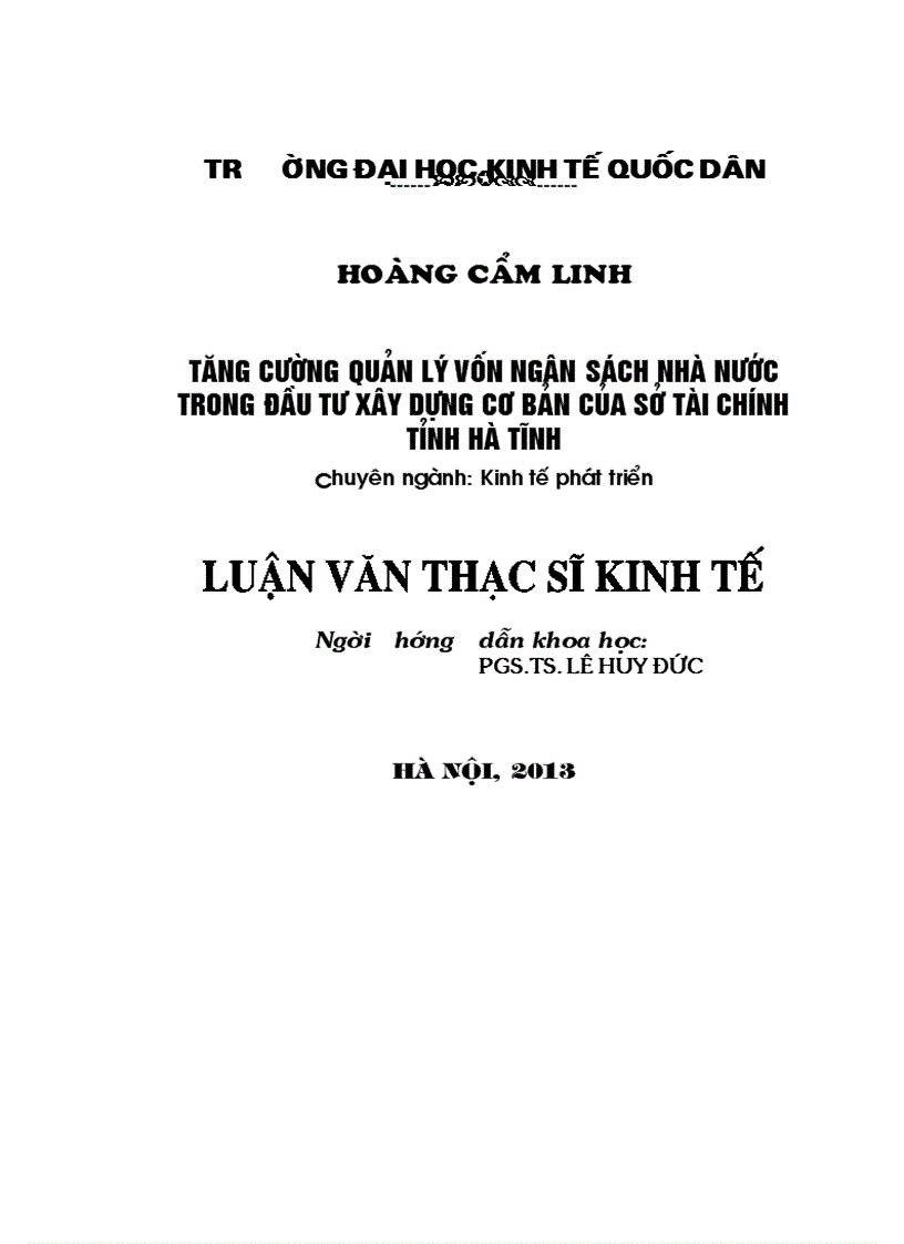 Tăng cường quản lý vốn NSNN trong đầu tư XDCB của Sở Tài chính tỉnh Hà Tĩnh