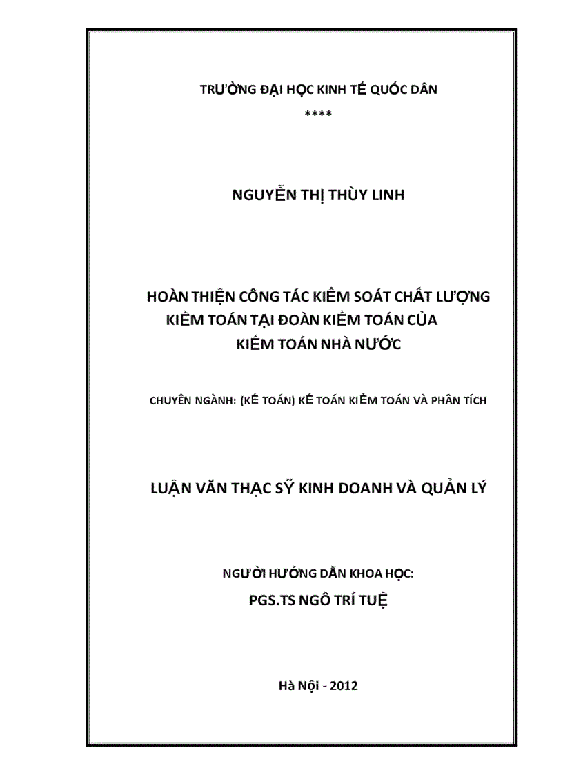 Hoàn thiện công tác kiểm soát chất lượng kiểm toán tại Đoàn kiểm toán của Kiểm toán Nhà nước