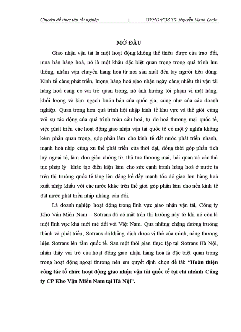 Hoàn thiện công tác tổ chức hoạt động giao nhận vận tải quốc tế tại chi nhánh Công ty CP Kho Vận Miền Nam tại Hà Nội.