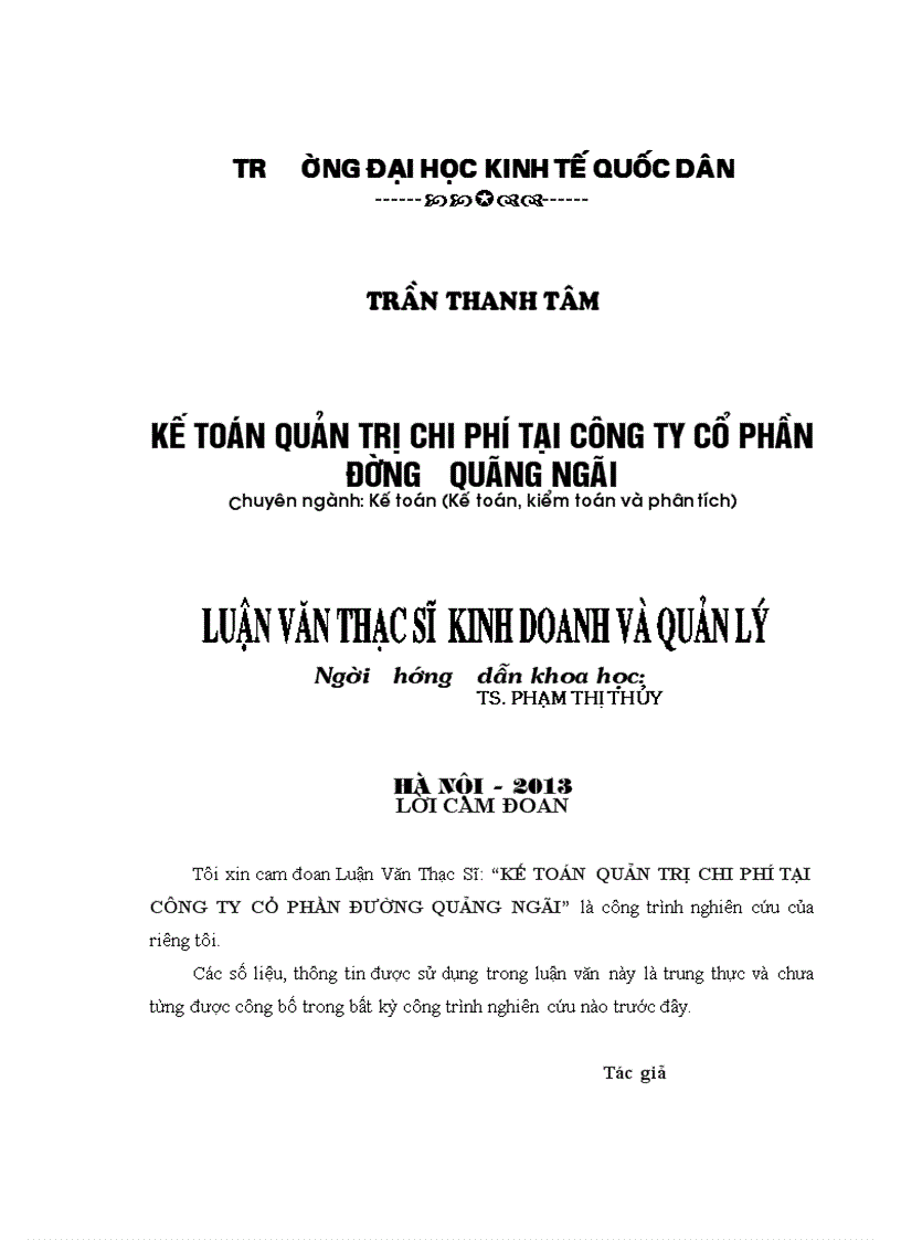 Kế toán quản trị chi phí tại Công ty cổ phần đường Quảng Ngãi