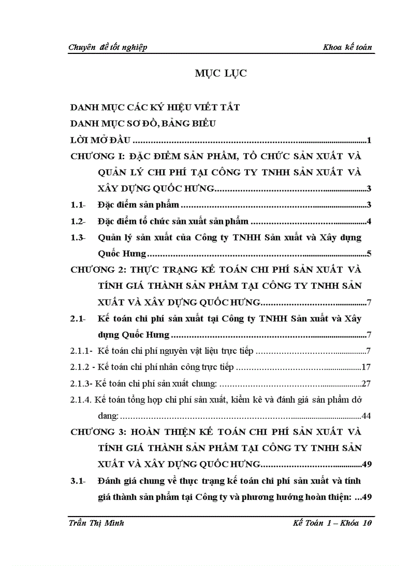 Thực trạng kế toán chi phí sản xuất và tính giá thành sản phẩm tại Công ty TNHH Sản xuất và  Quốc Hưng